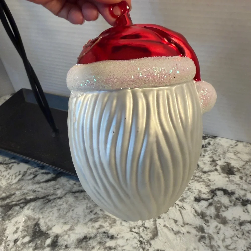 Large Glass Santa Claus Head Christmas Ornament Poinsettia Glitter Red 7